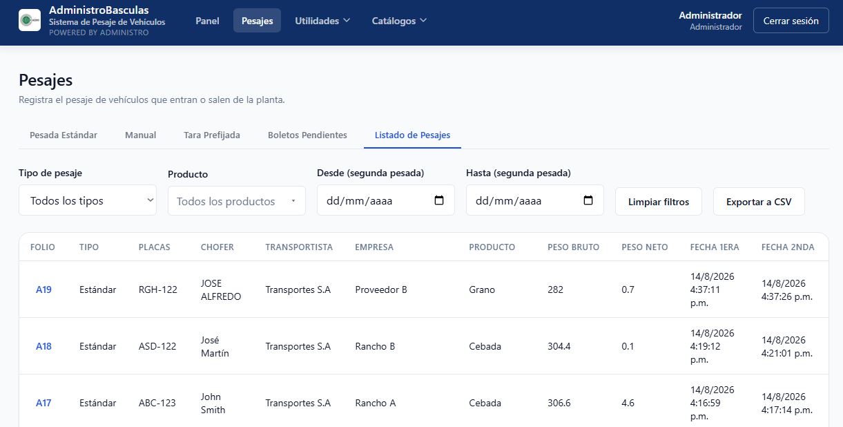 Vista del menú de histórico en AdministroBasculas